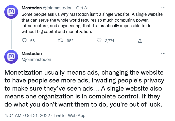 Mastodon выступает против монетизации через рекламу, так как это нарушает приватность пользователей
