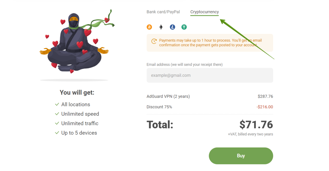 Cryptocurrency on AdGuard VPN’s website