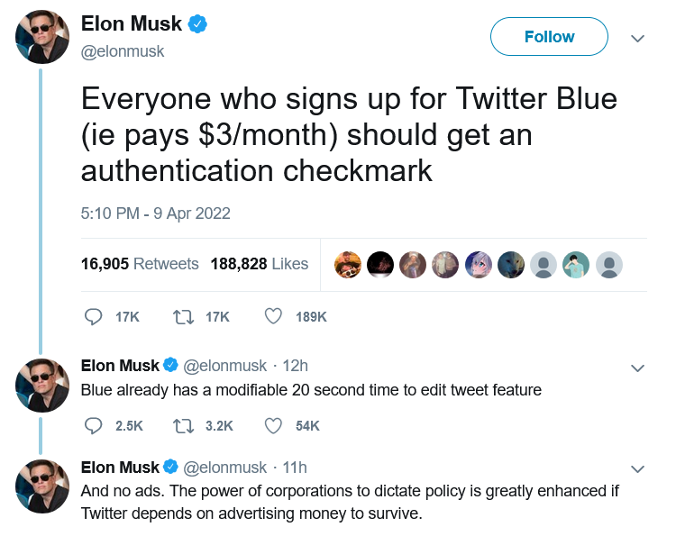 Half a year before becoming Twitter CEO, Musk suggested disabling ads for Twitter Blue subscribers
