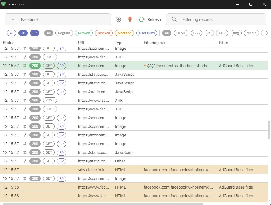 Filtering log