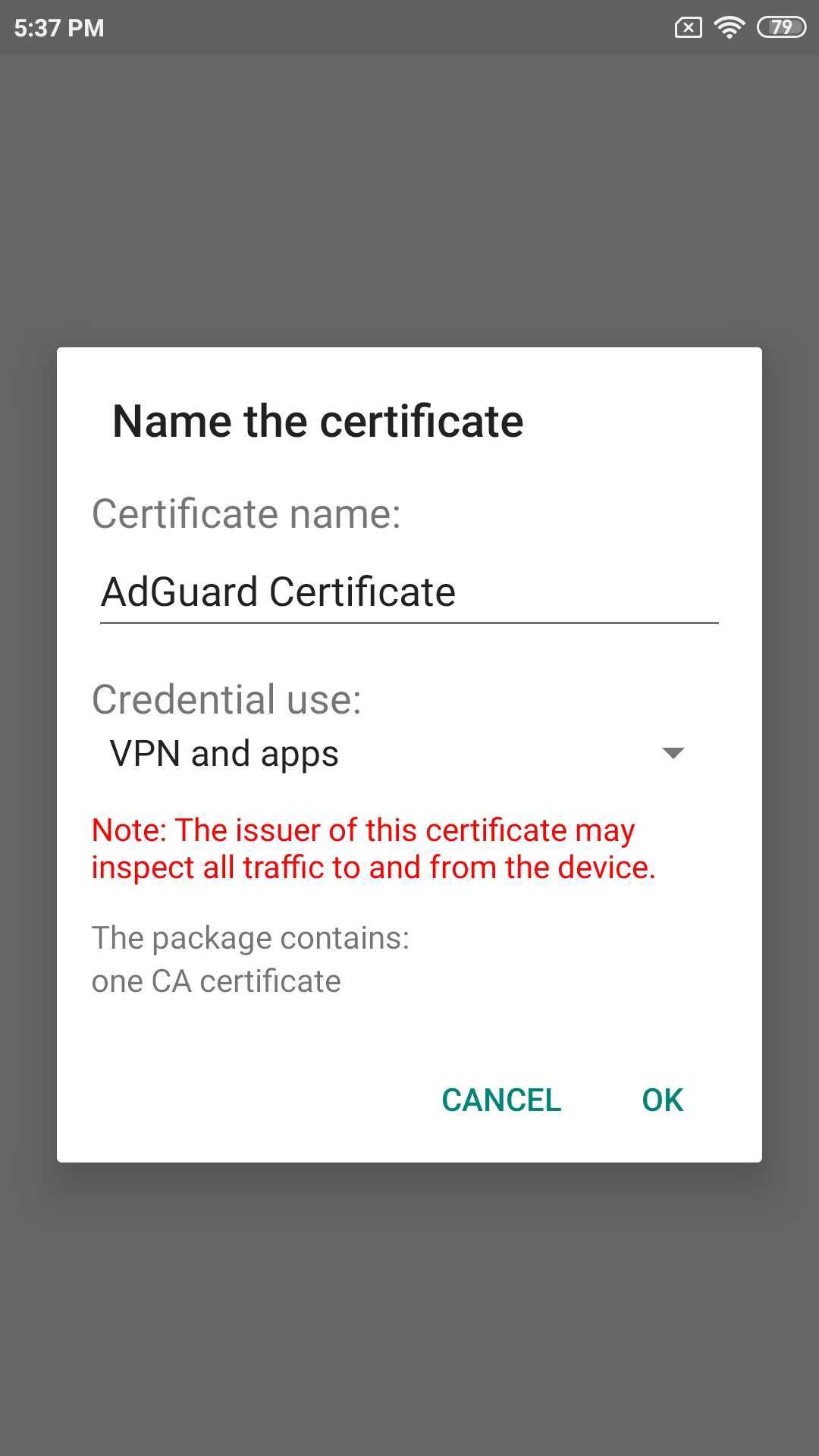 a certificate authority is installed adguard