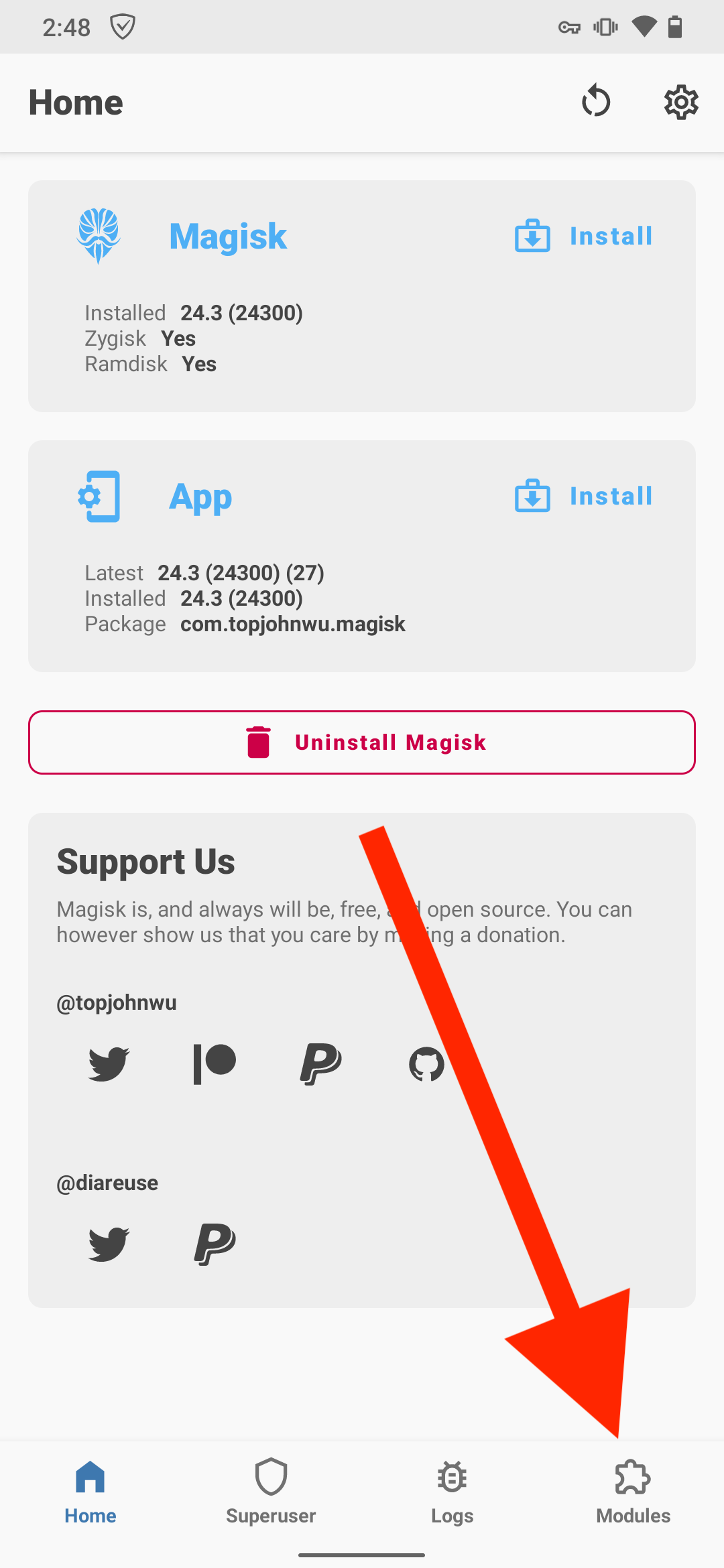 Откройте модули Magisk *mobile