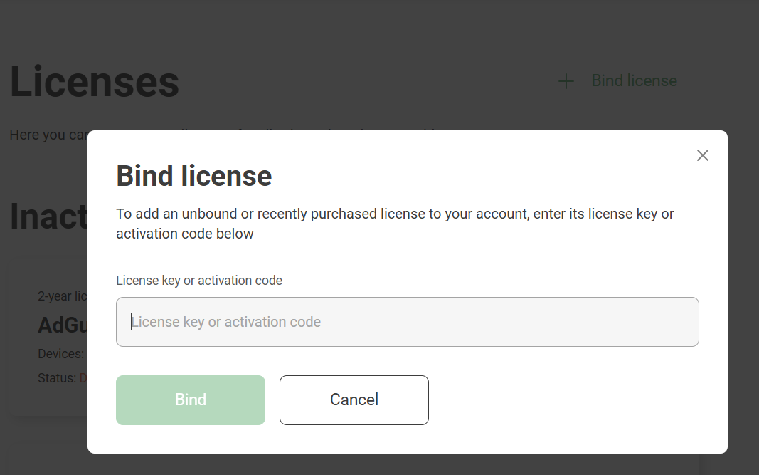 Bind license in the AdGuard account *border