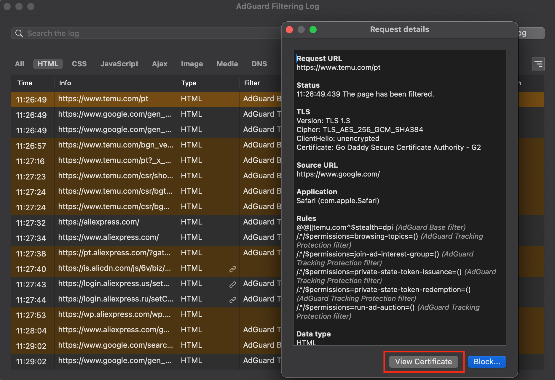 Filtering log AdGuard for Mac *border