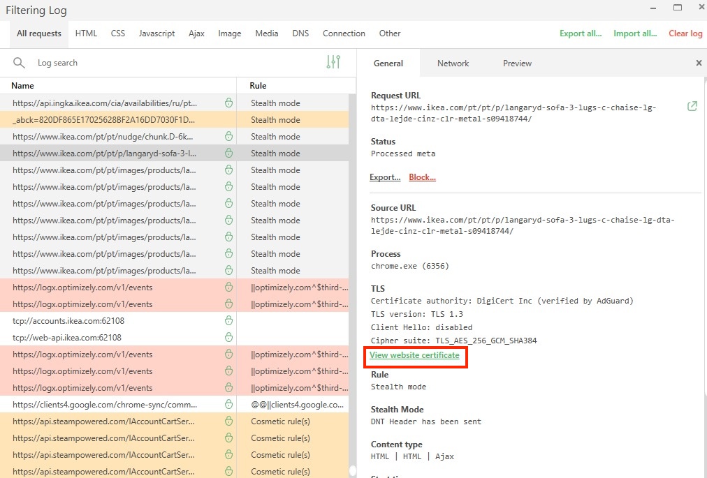 Filtering log AdGuard for Windows *border