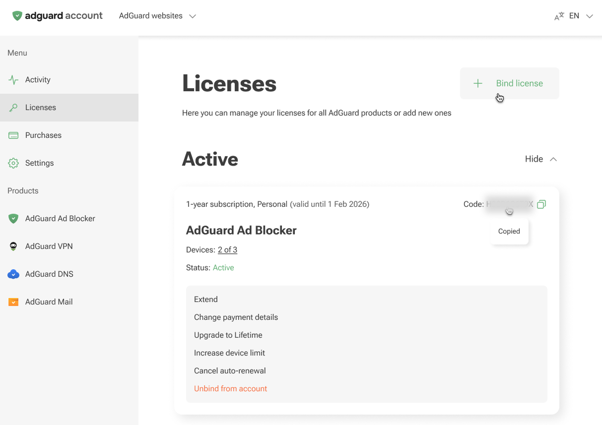 Licenses in account *border