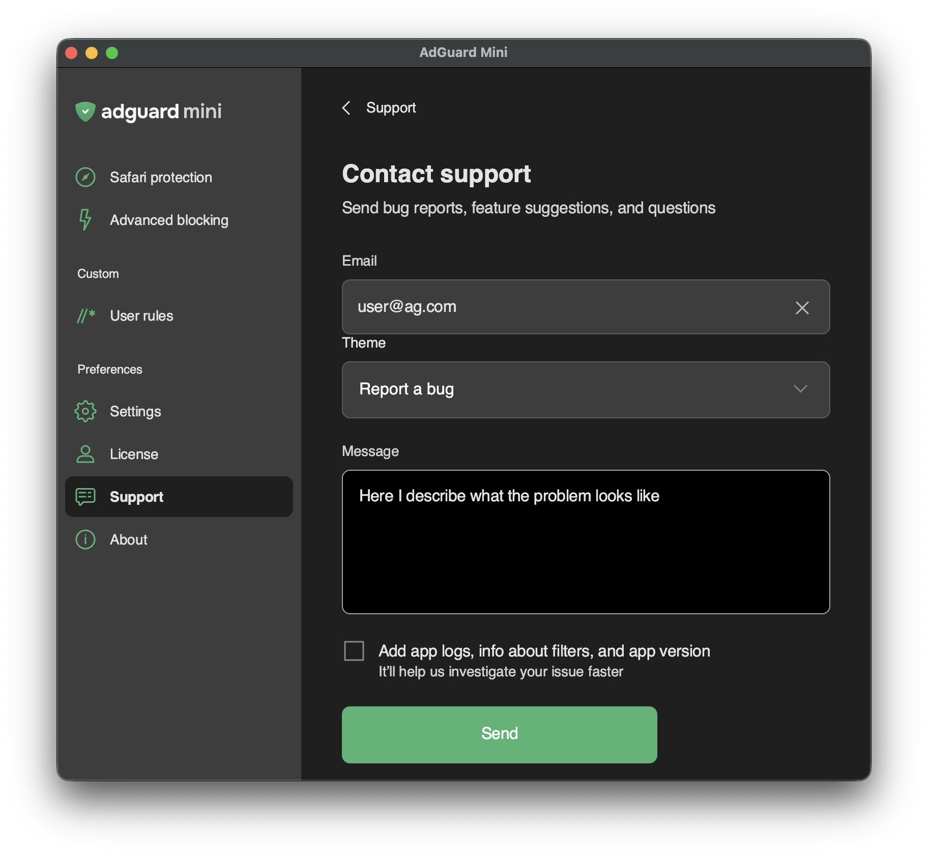 Contact support screen