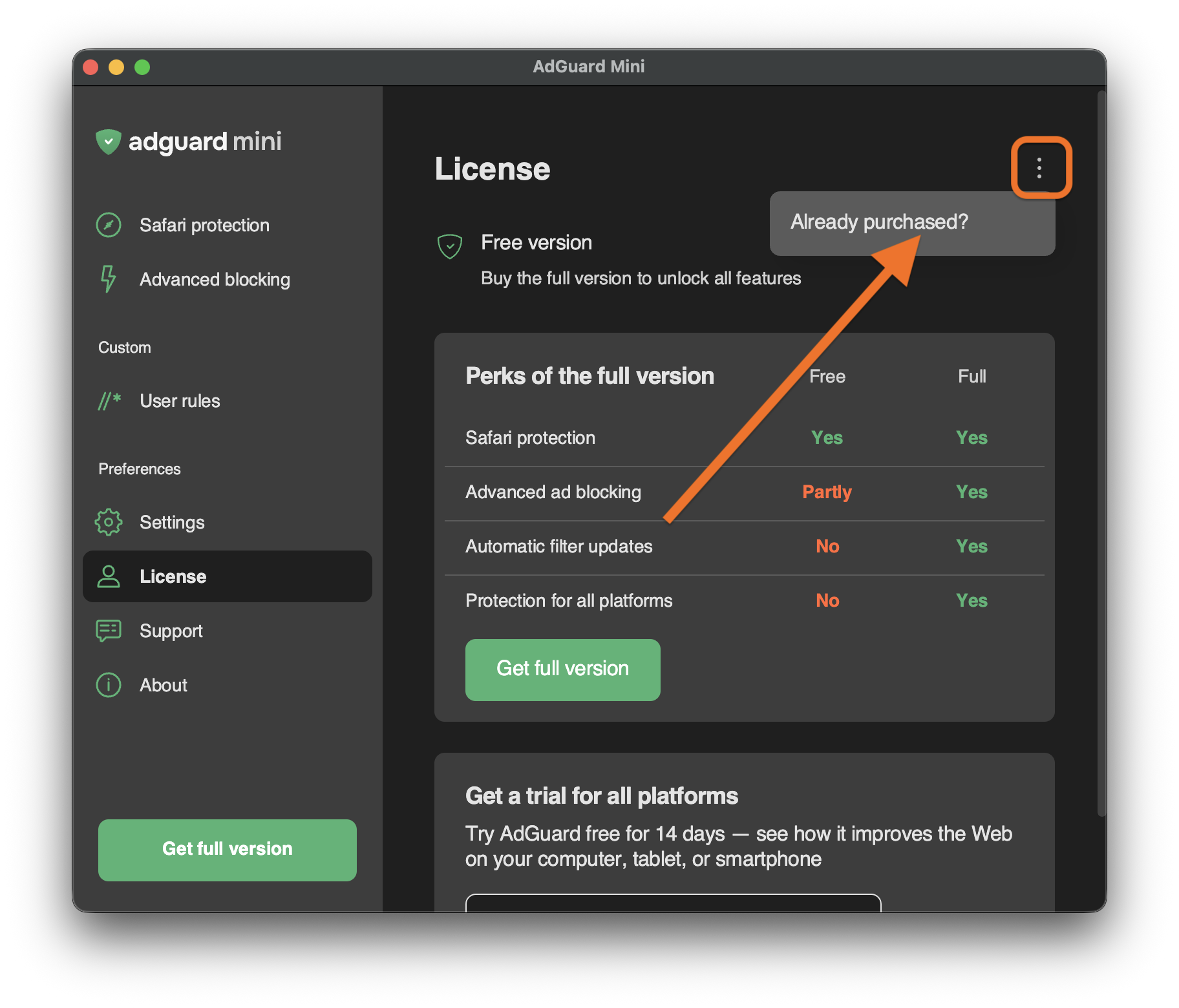 Click already purchased