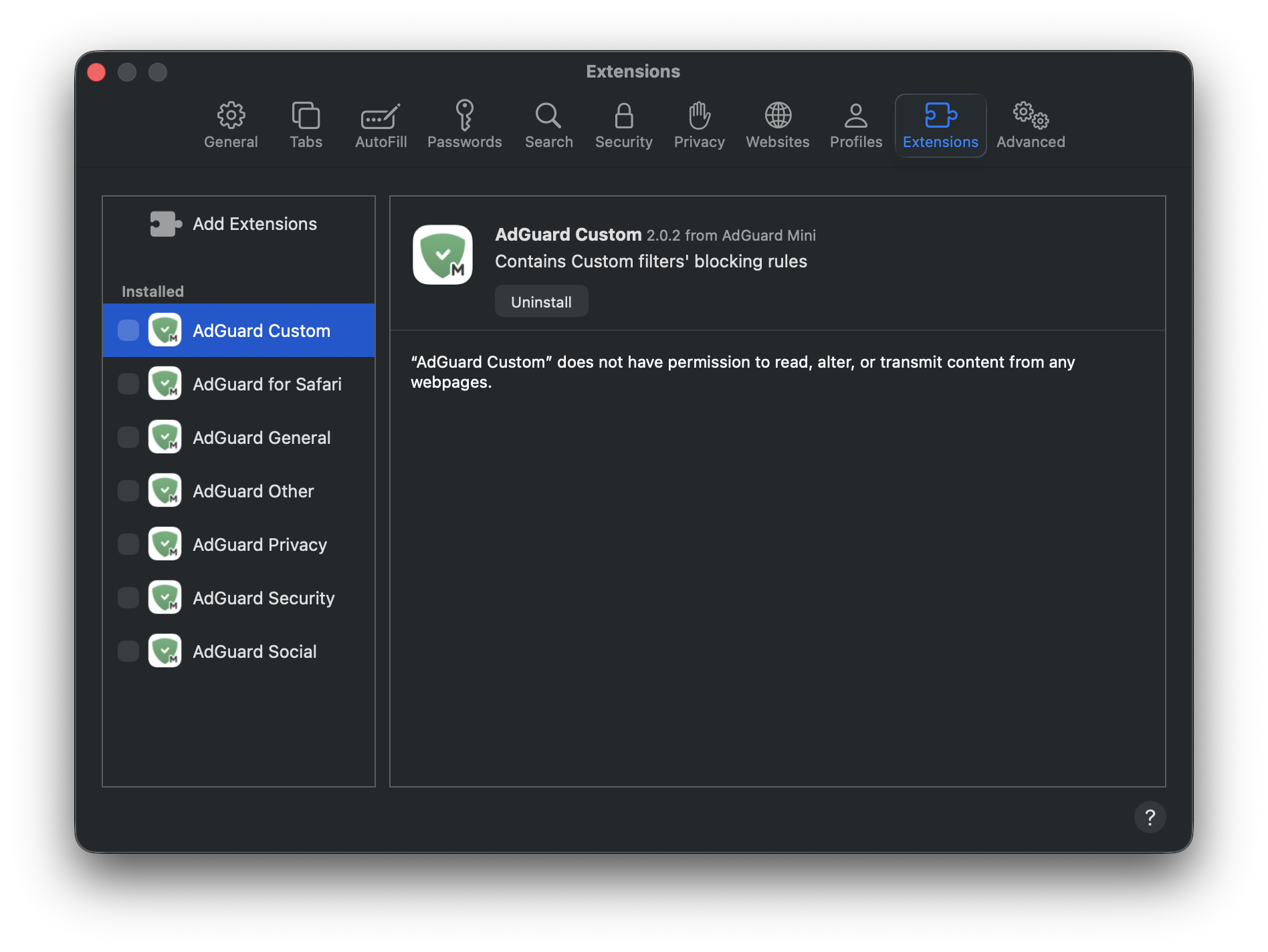Unchecked extensions