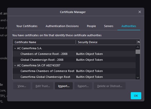 Certificate settings — import
