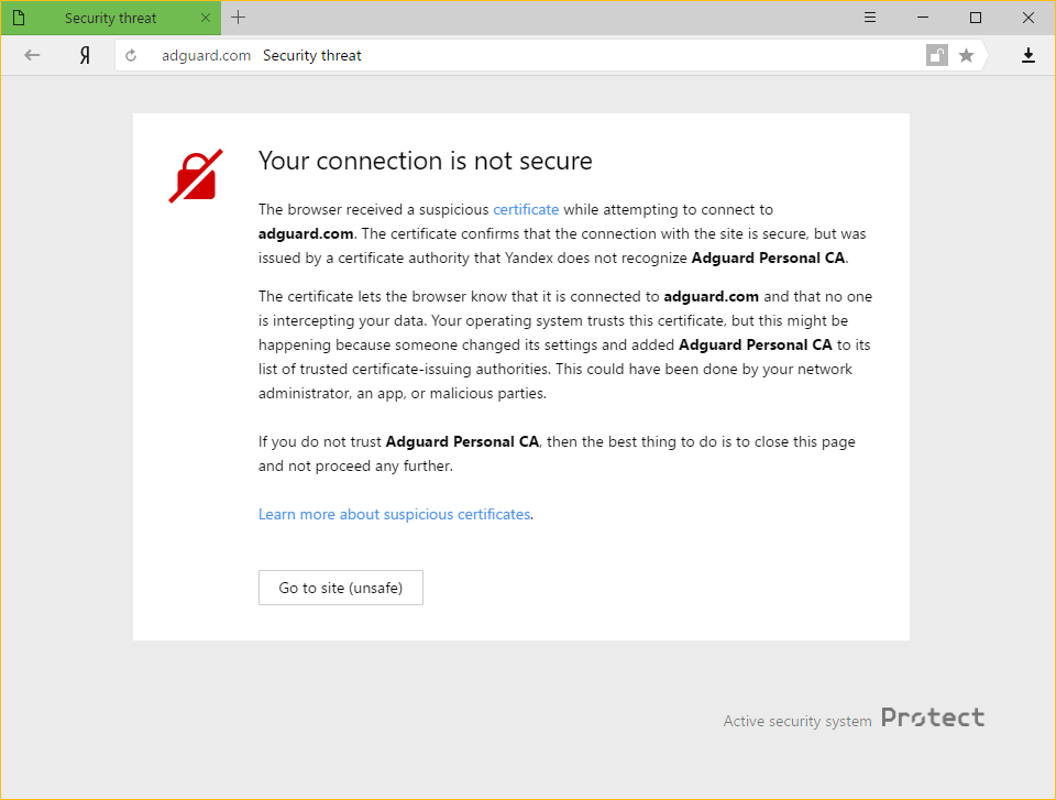 Yandex certificate warning