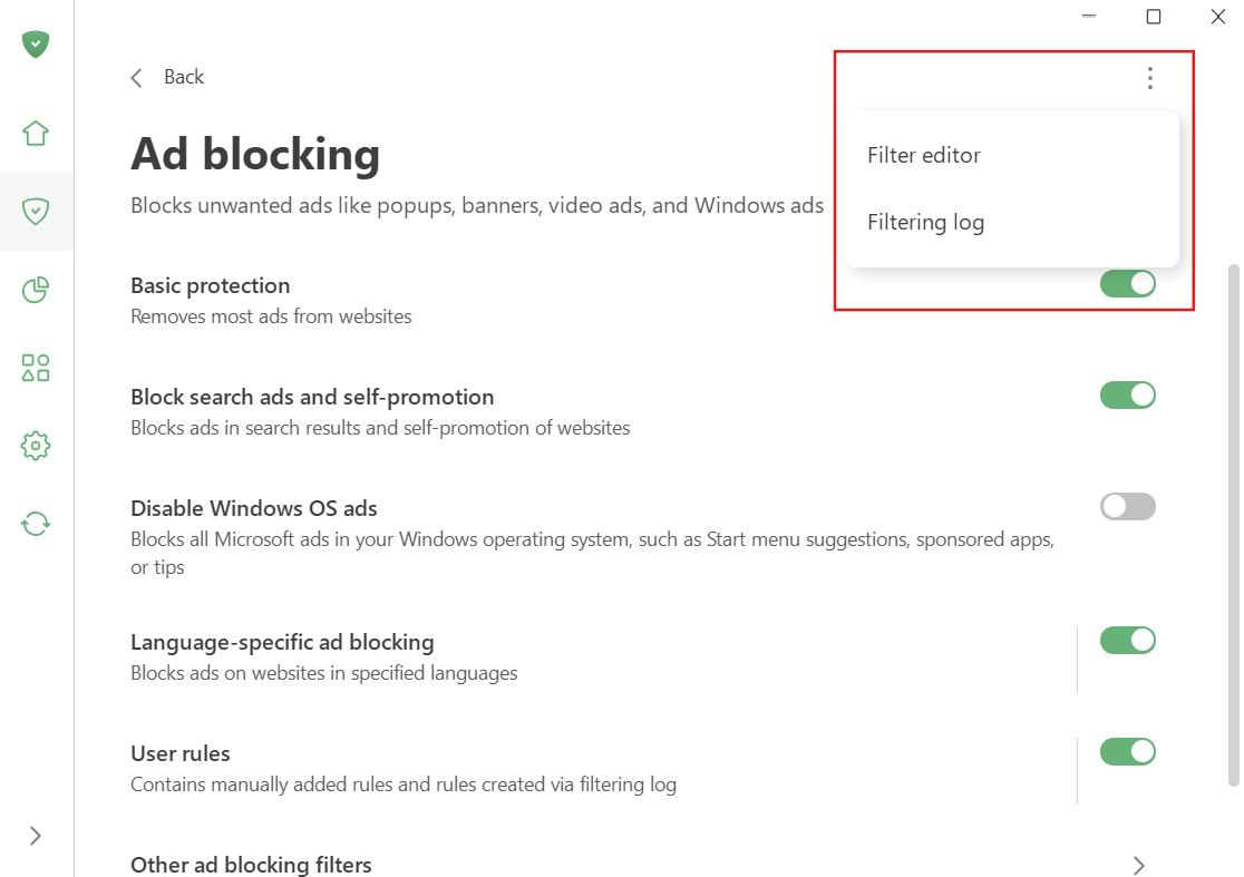 Filtering log and Filter editor *border