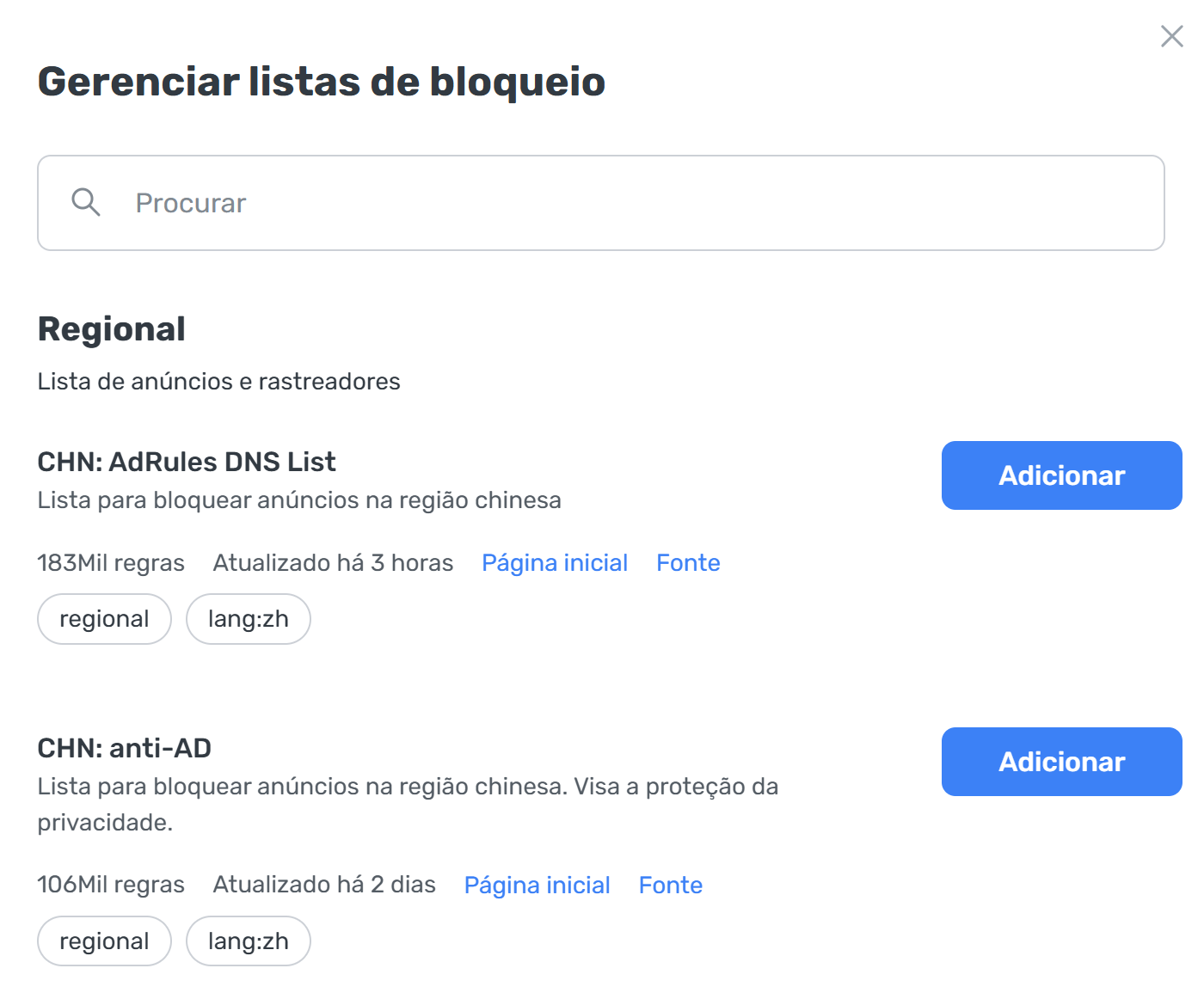 Listas de bloqueio regionais *border