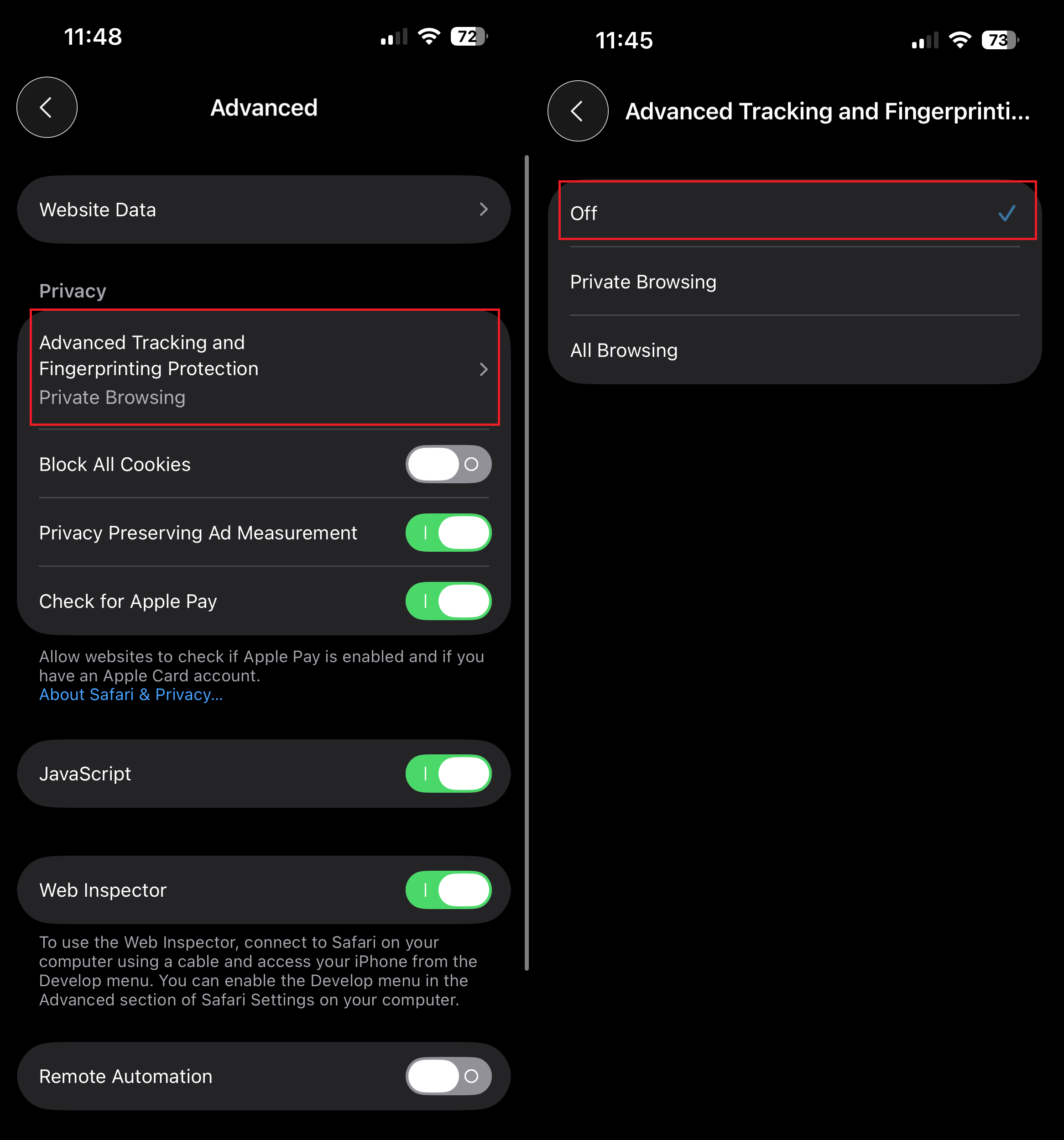 iOS 26.1 Tracking and Fingerprinting Protection *mobile