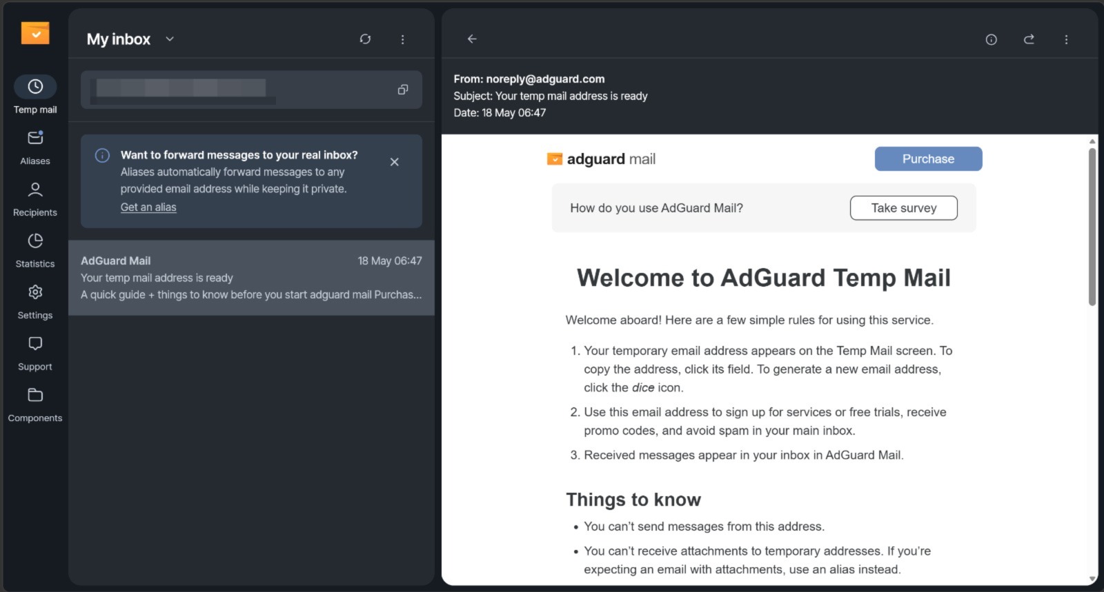 Temp mail in AdGuard Mail *border