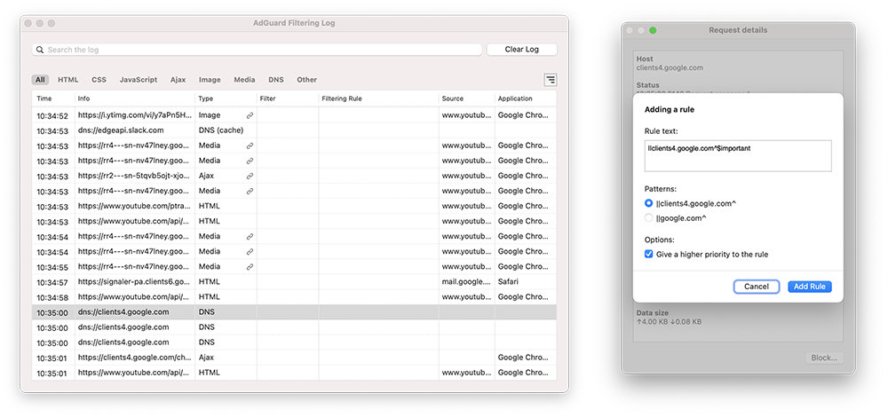 Add rules from the Filtering log