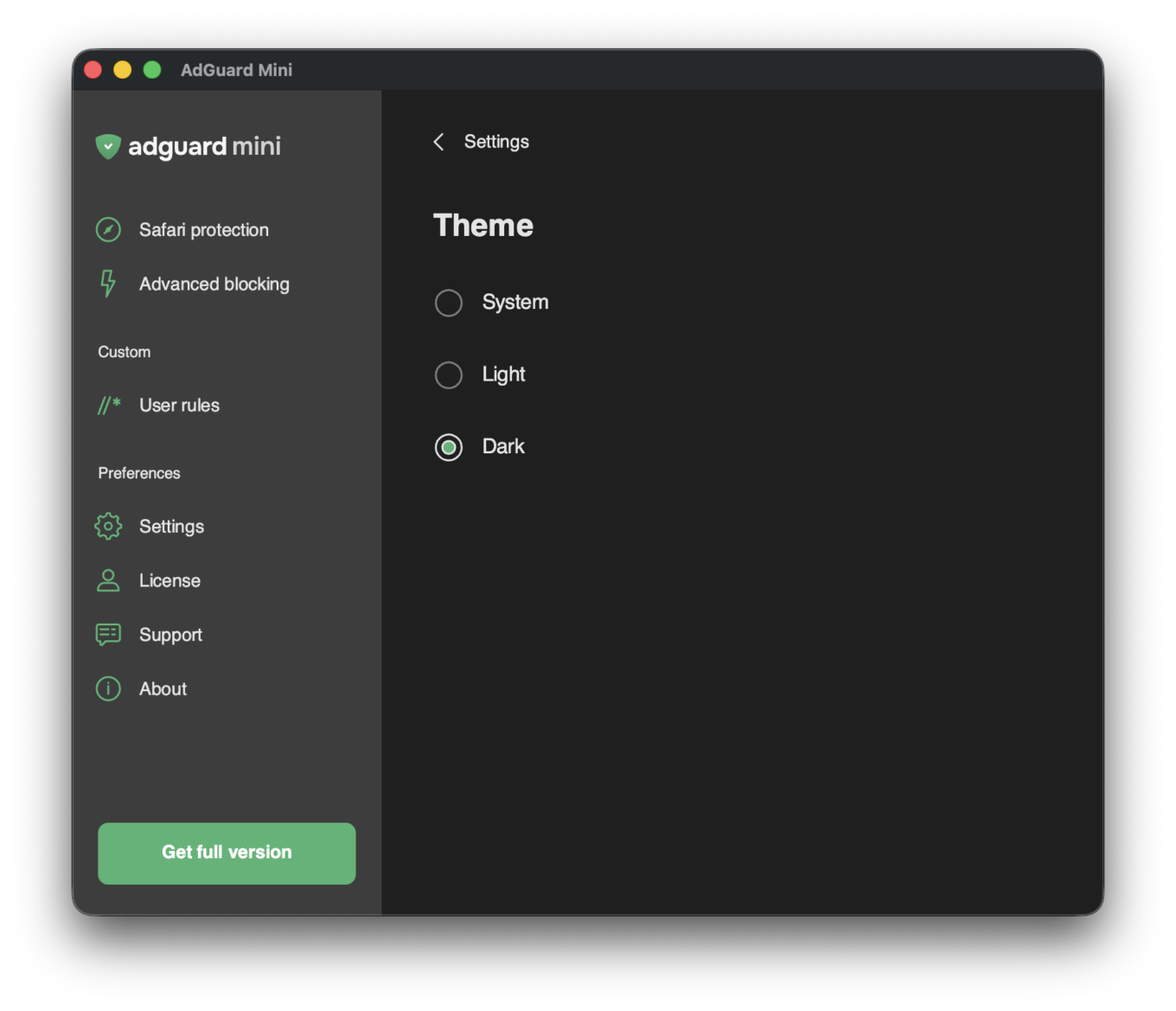 AdGuard Mini theme selection