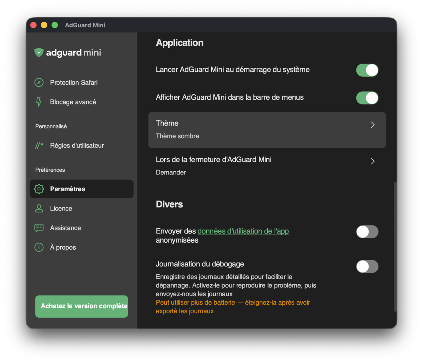 Trois options de th&egrave;me AdGuard Mini