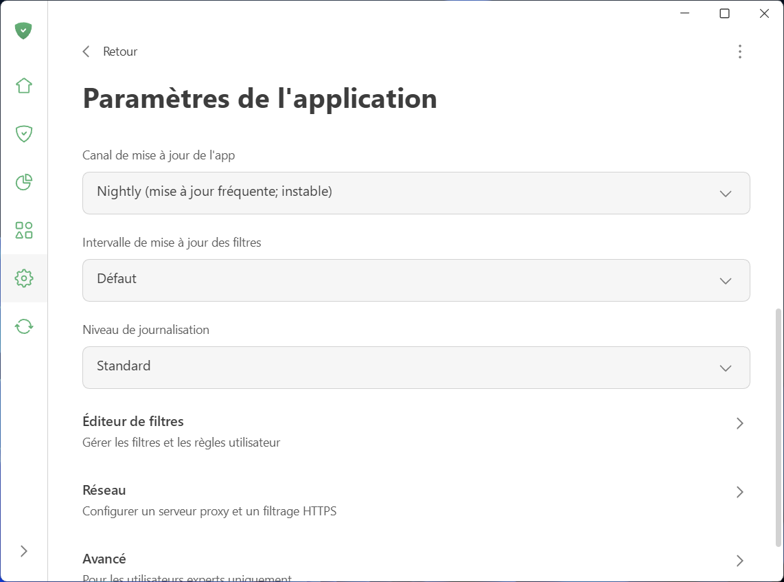 Param&egrave;tres de l'application