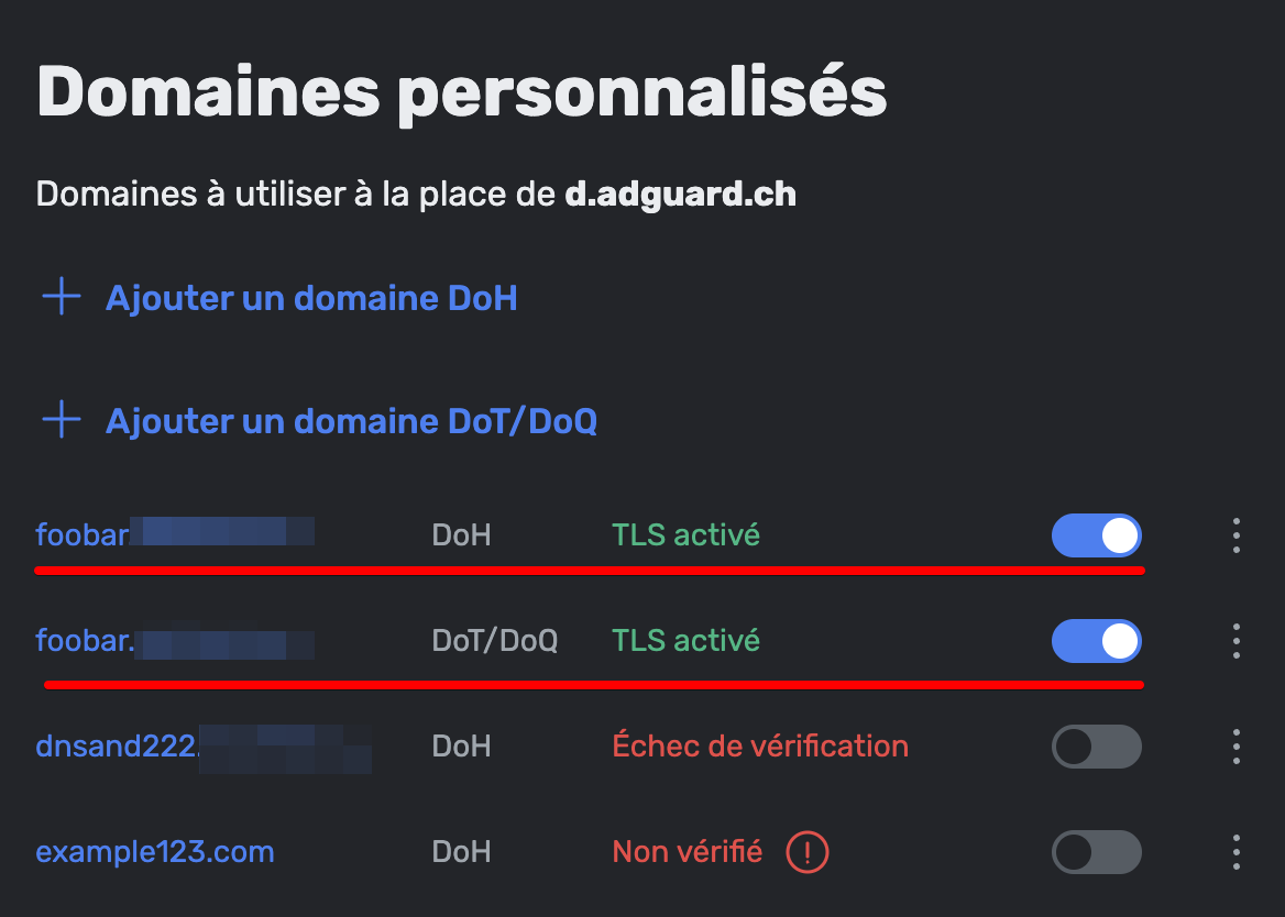 Liste des domaines personnalisés *mobile