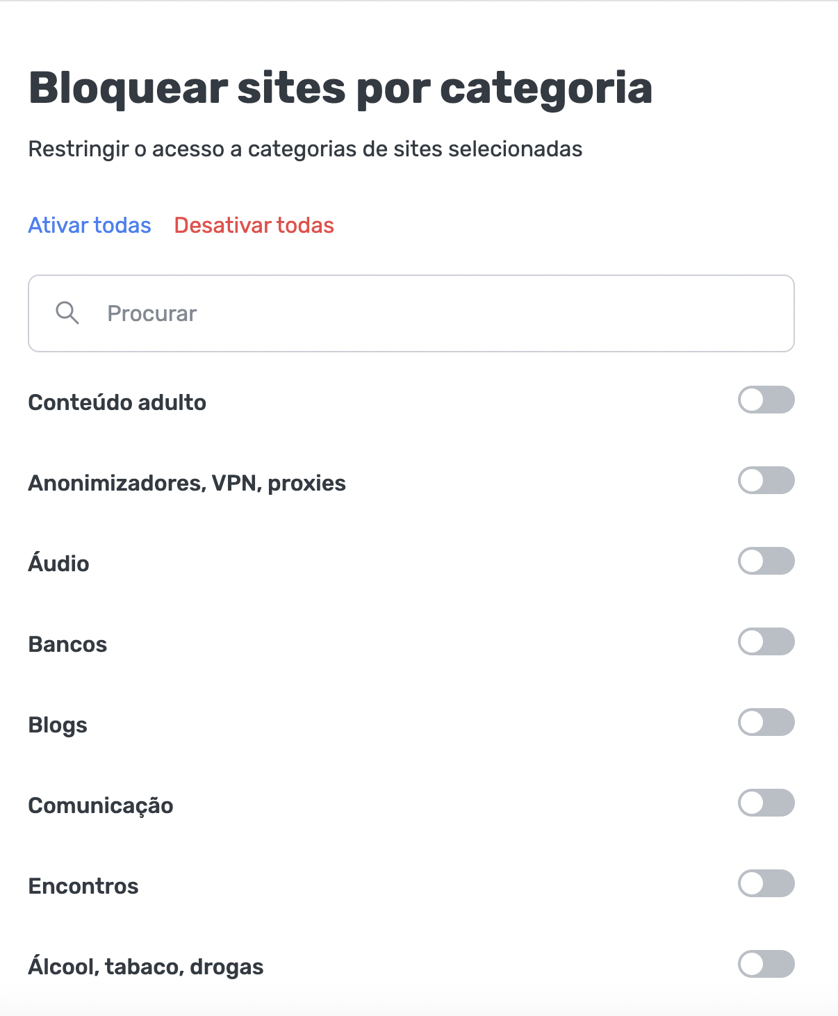 Bloqueio de servi&ccedil;os por categoria *mobile