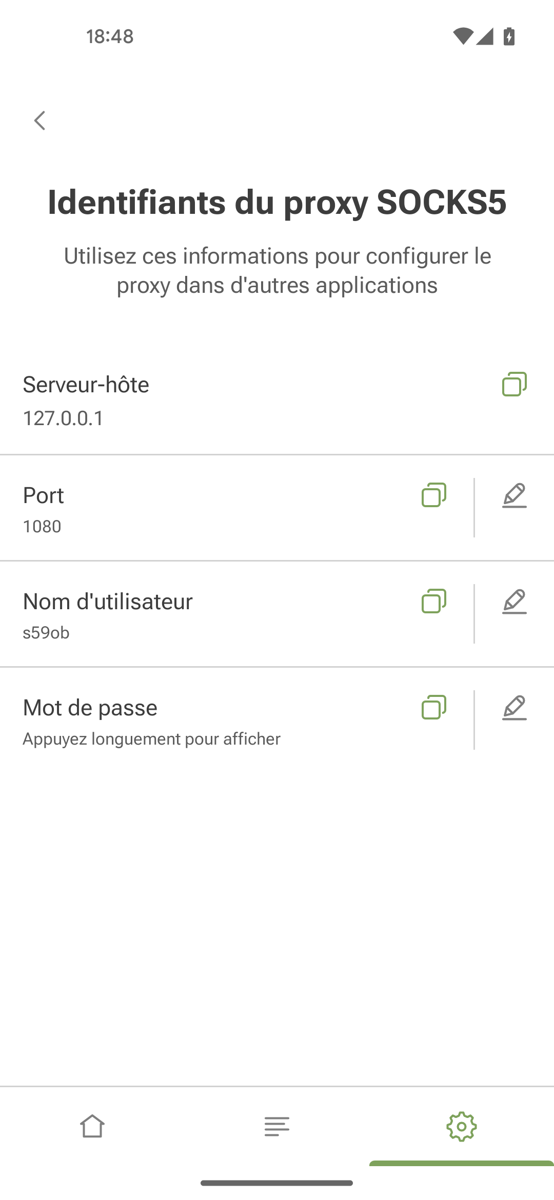 Identifiants du proxy SOCKS5 *mobile_border