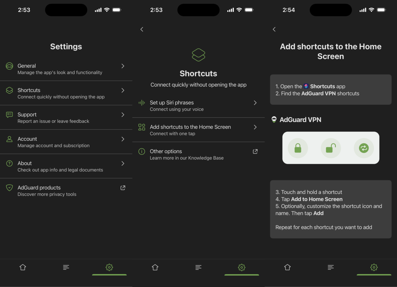 Shortcuts menu and instructions