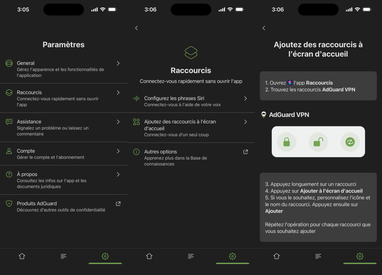 Menu des raccourcis et instructions