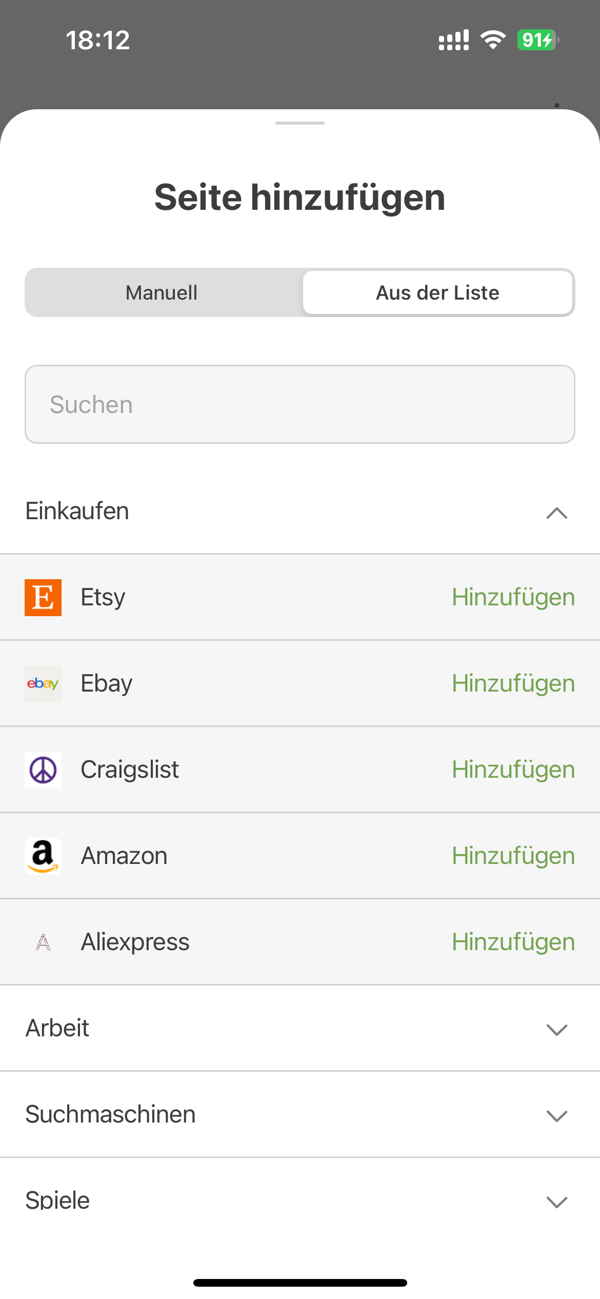 Hinzufügen einer Website aus der Liste *mobile_border