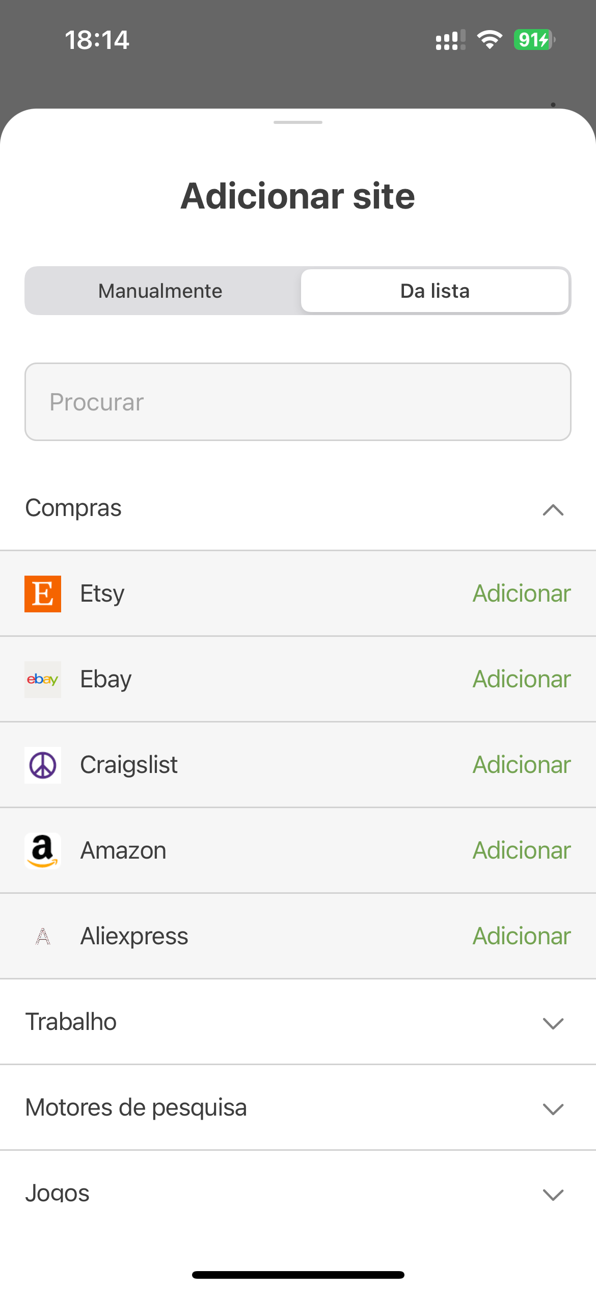 Adicionando um site da lista *mobile_border