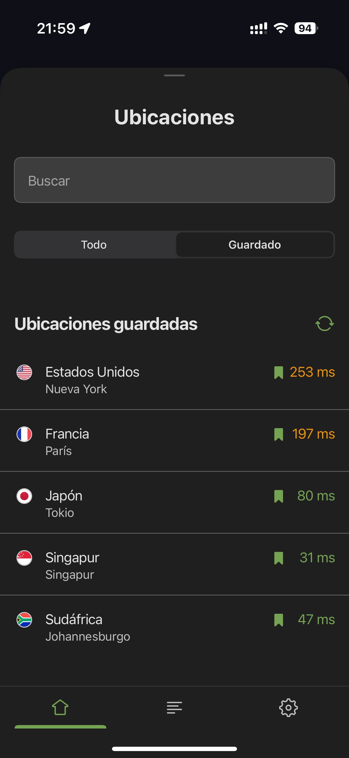 Pestaña de ubicaciones guardadas mobile