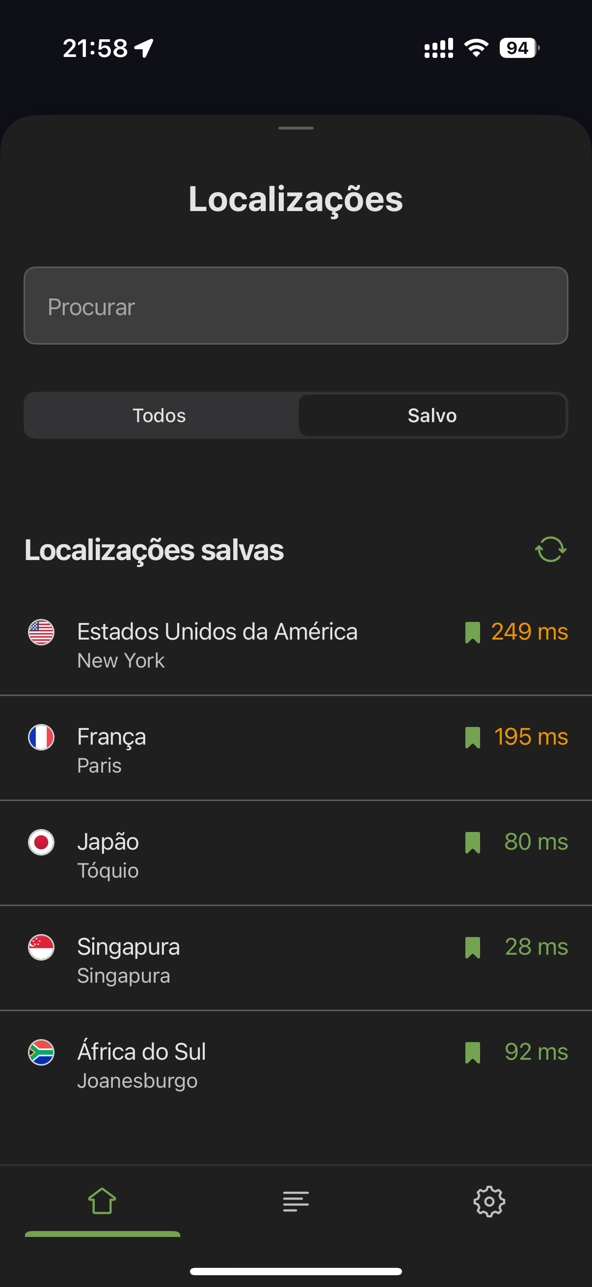 Aba de locais salvos mobile