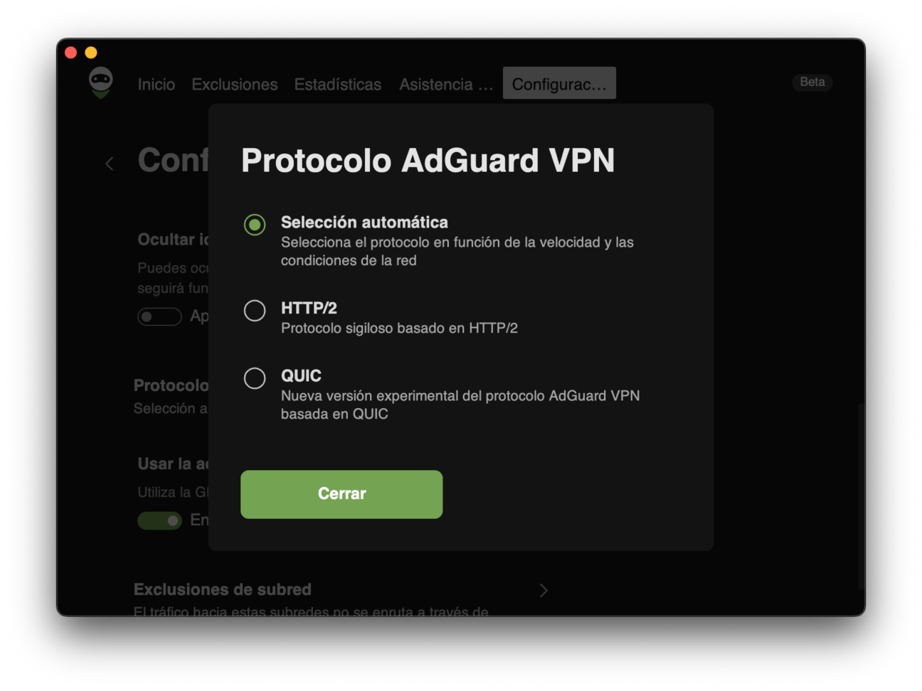 Seleccionar protocolo VPN