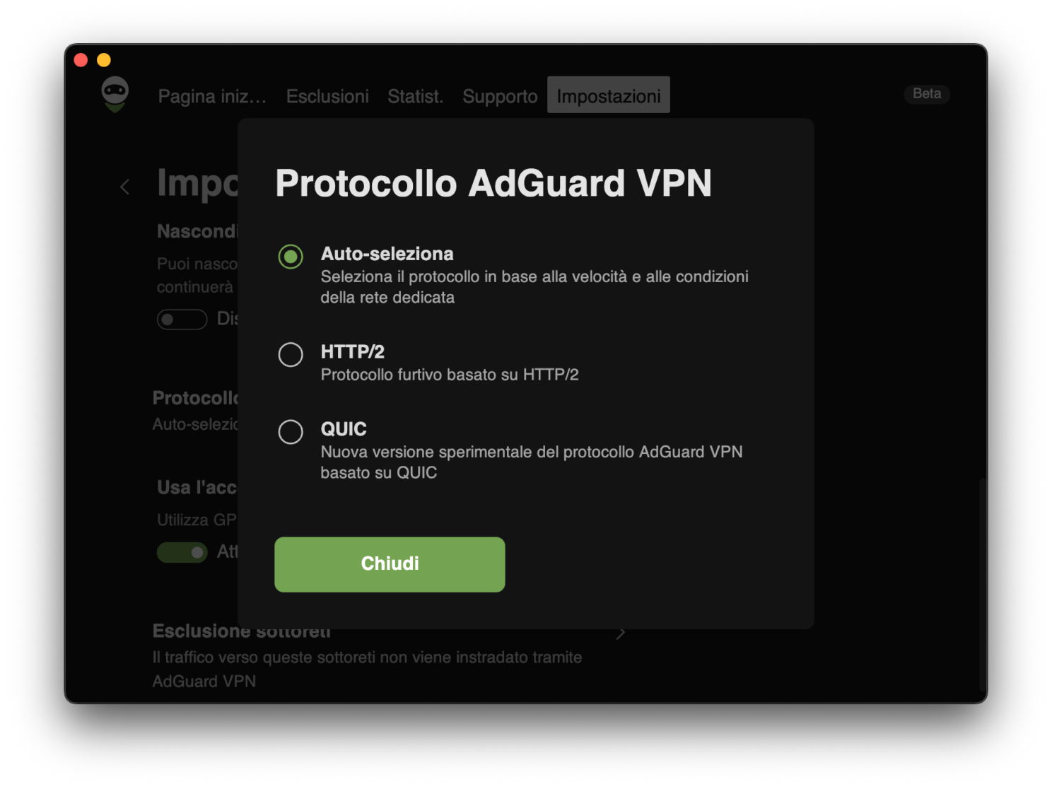 Seleziona protocollo VPN