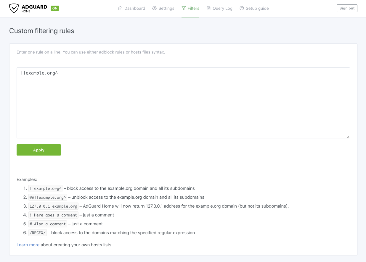 adguard home custom filtering rules