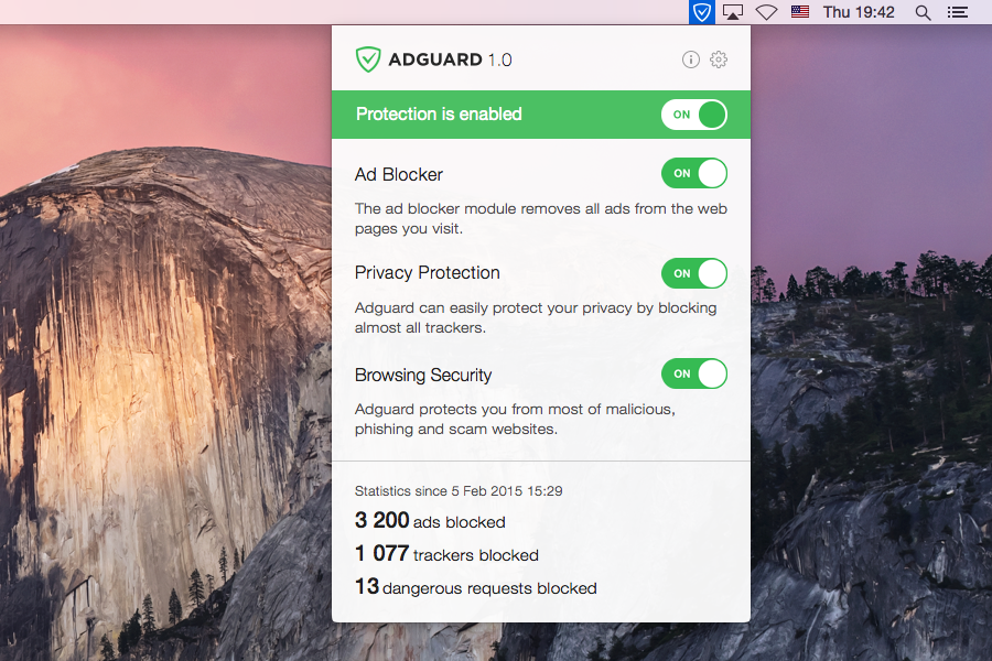 Adguard for Mac main menu