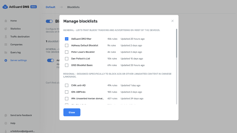 Private AdGuard DNS-kontrolpanel, sortlister