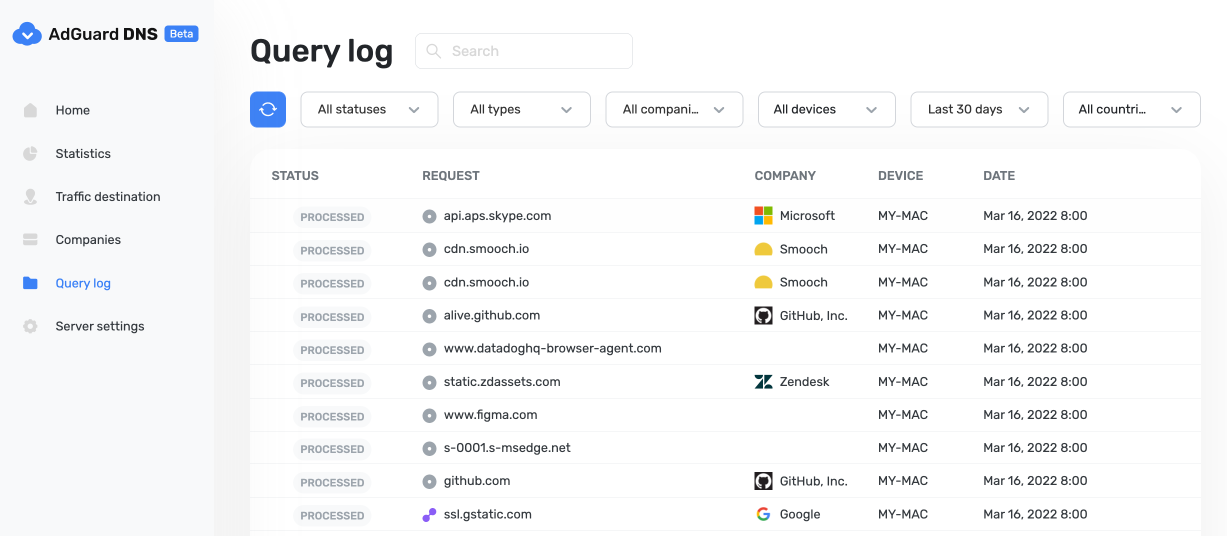 Private AdGuard DNS-kontrolpanel, forespørgselslog