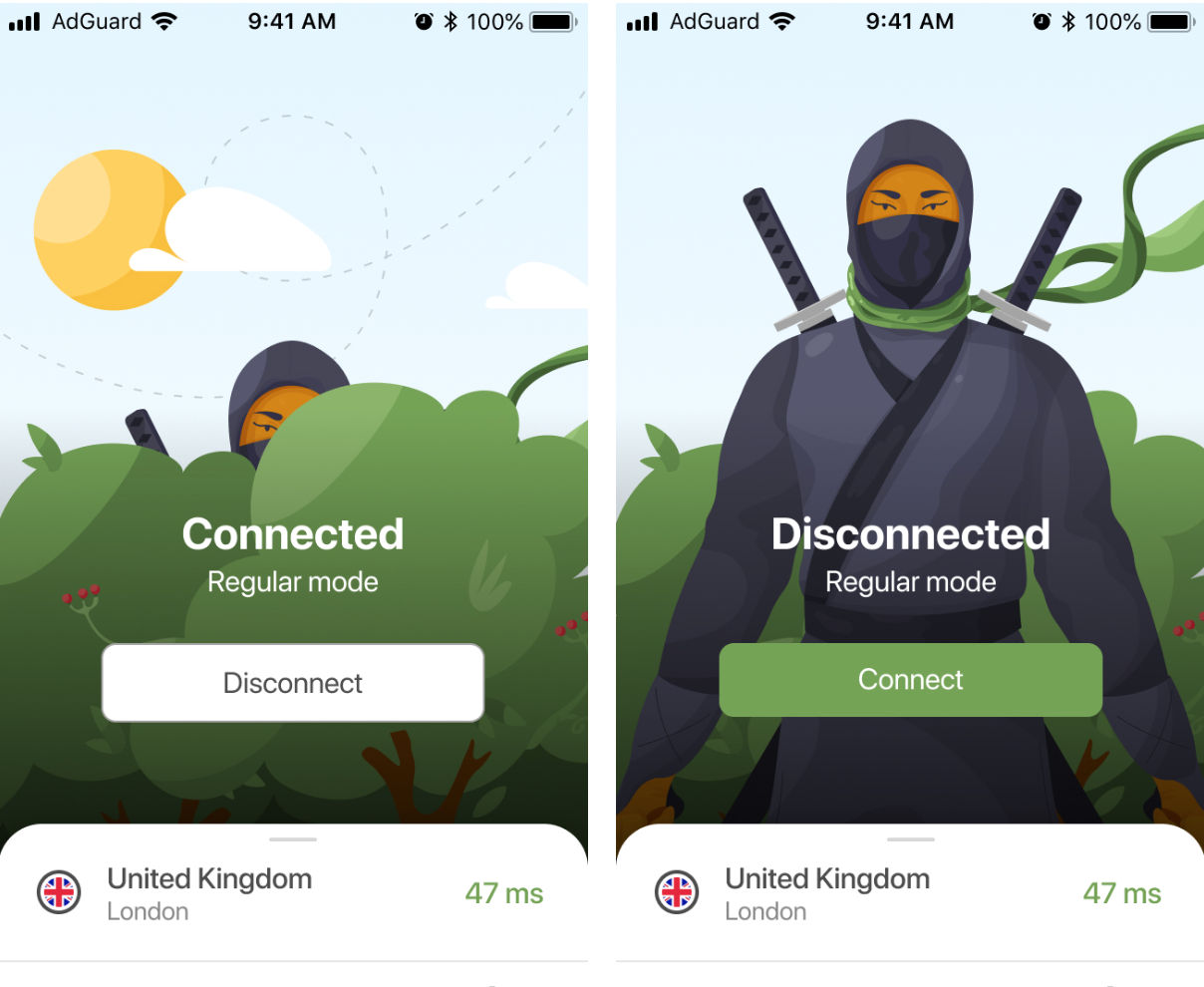 AdGuard VPN pour iOS : connecté et déconnecté