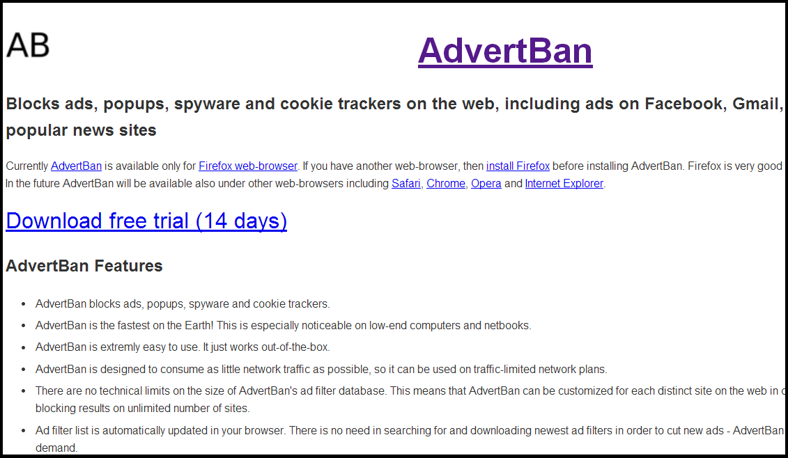 Block the online ads in browser AdvertBan