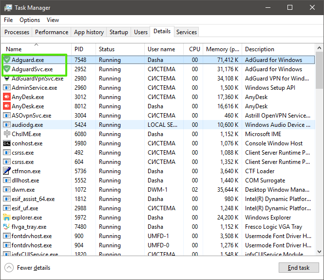 Процессы AdGuard