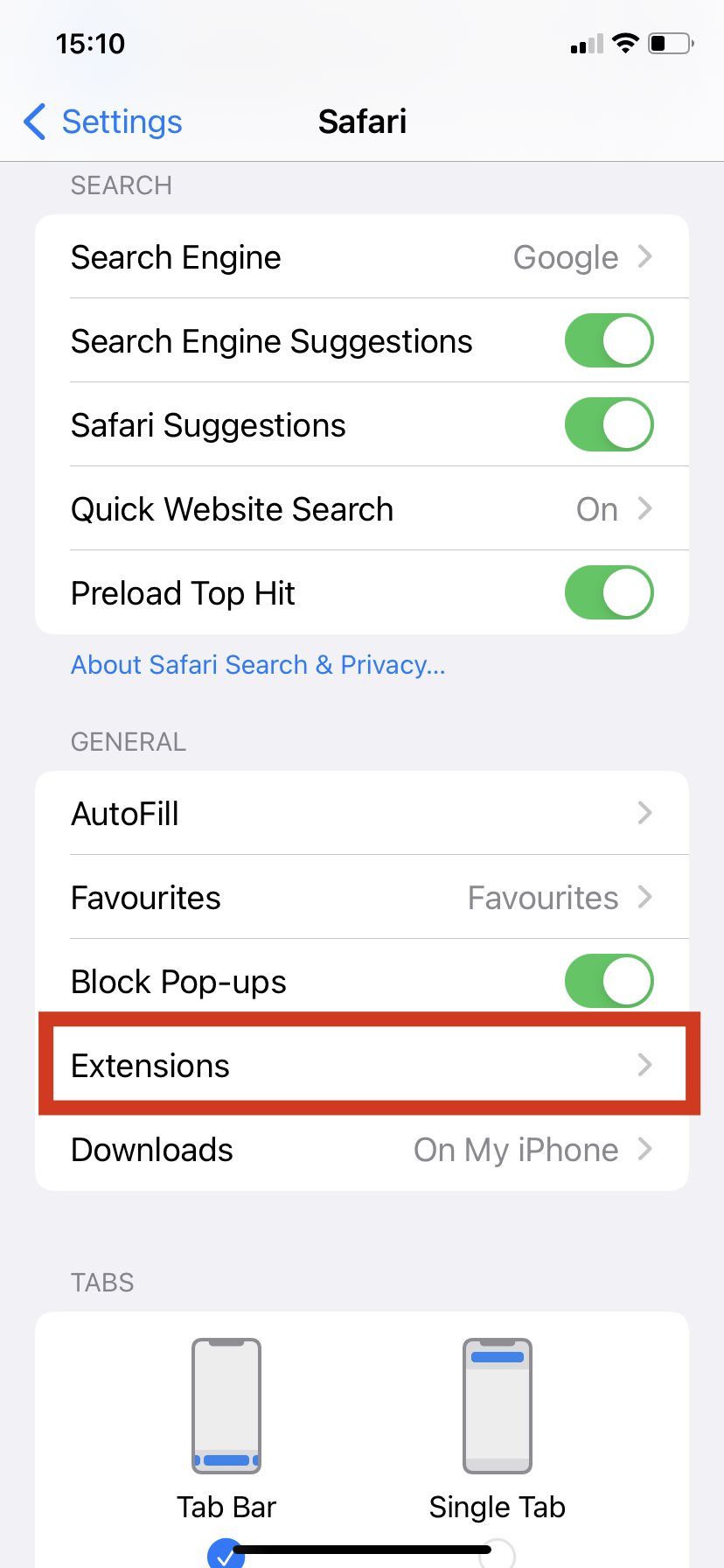 Select "Extensions" *mobile_border
