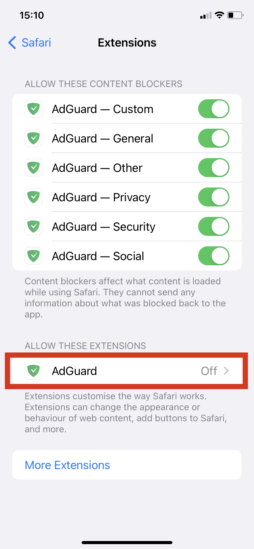 Select "AdGuard" in ALLOW THESE EXTENSIONS section *mobile_border