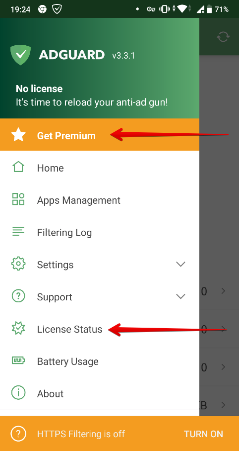 Tap Get Premium or License Status *mobile