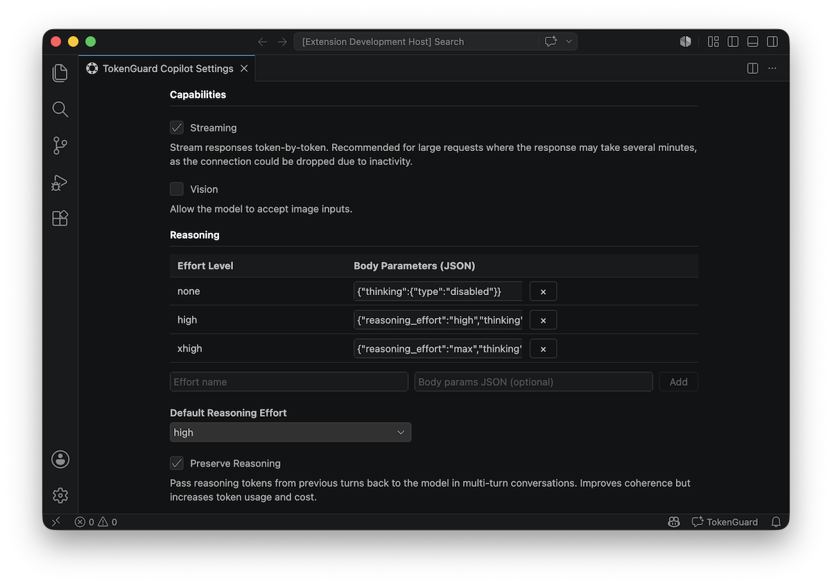 TokenGuard Copilot model advanced settings screenshot
