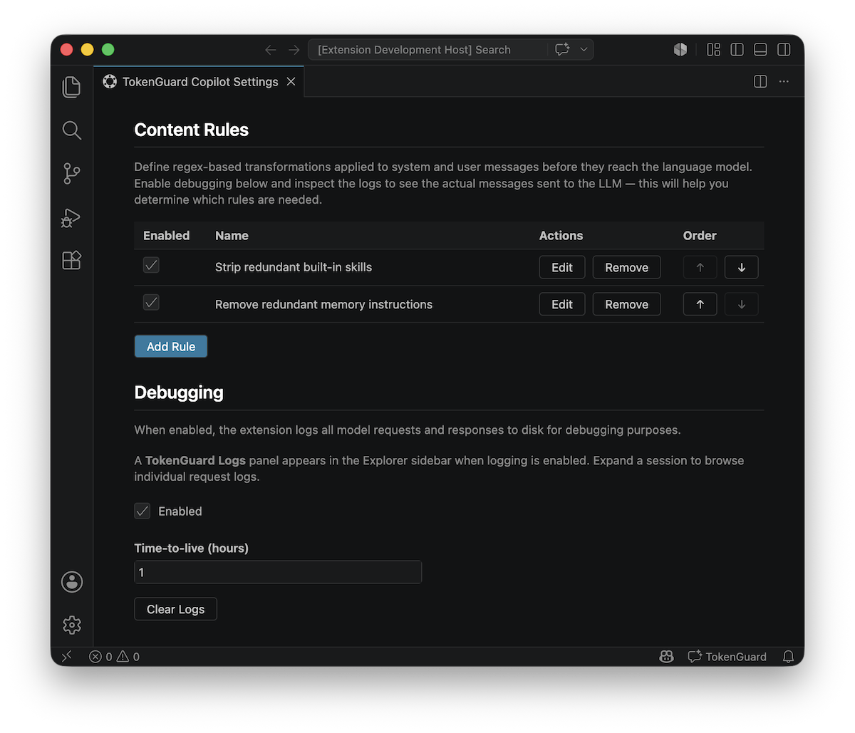 TokenGuard Copilot content rules screenshot