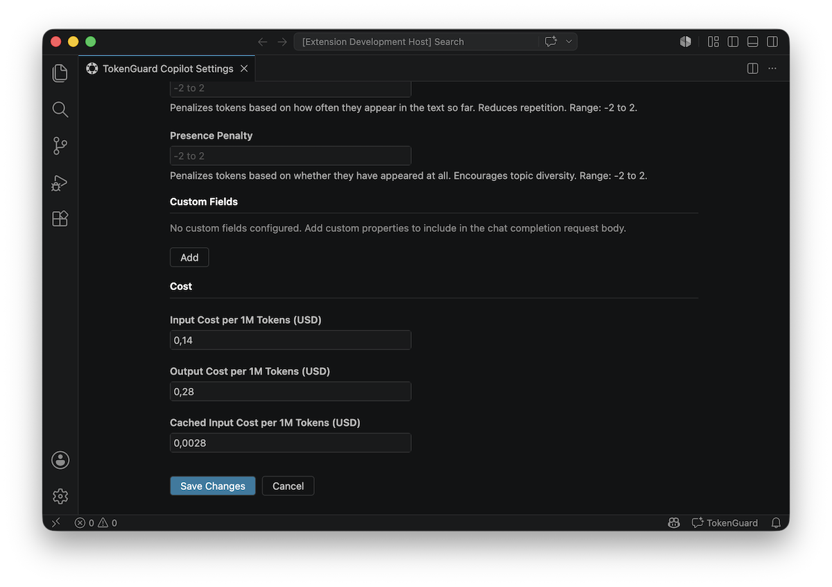 TokenGuard Copilot model costs settings screenshot