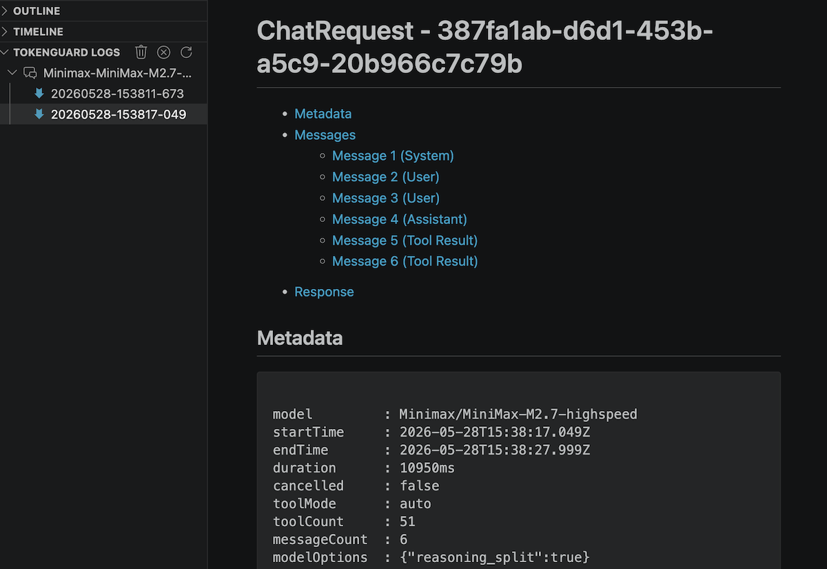 TokenGuard Copilot chat debug screenshot