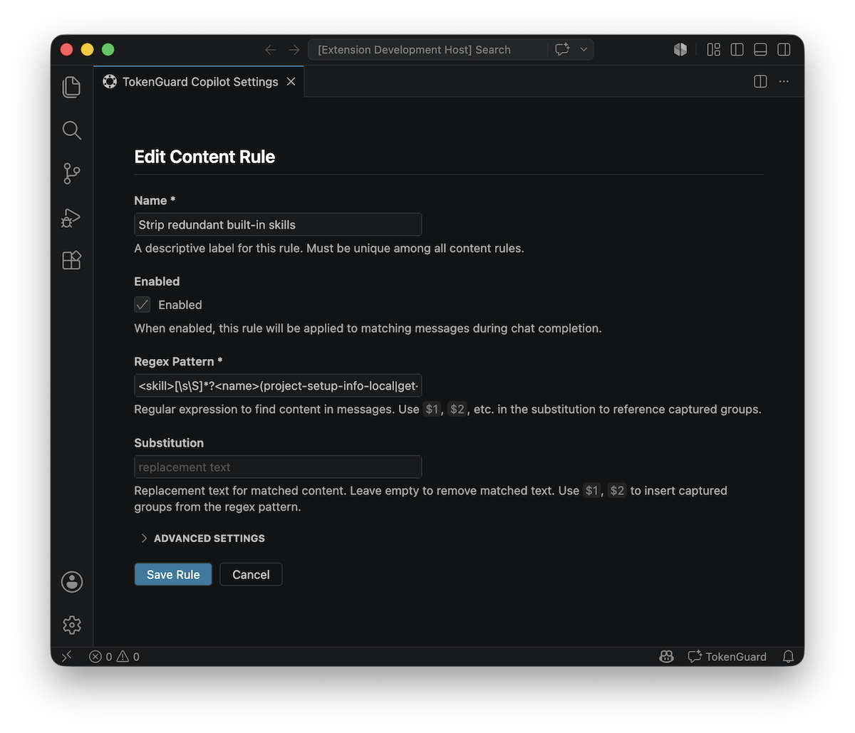 TokenGuard Copilot edit content rule screenshot