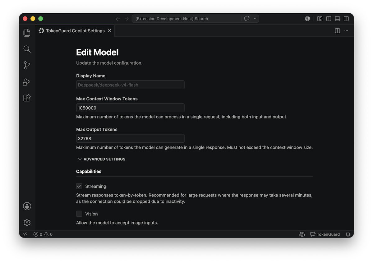 TokenGuard Copilot edit model screenshot